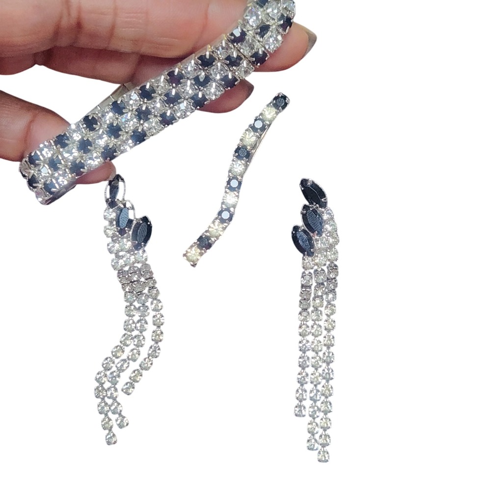 Vtg. Style Black Clear Rhinestone Jewelry lot Bracelet Barrette‎ Dangle Earrings